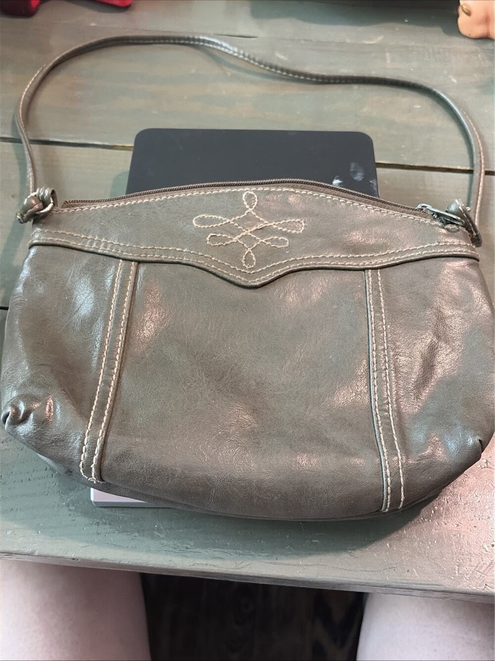 Faux Leather Gray Western Style Crossbody Bag with White Detail Embroidery